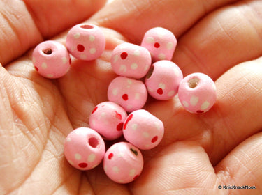 20 x Pink Wood Beads with Handpainted Flowers 10mmx9mm
